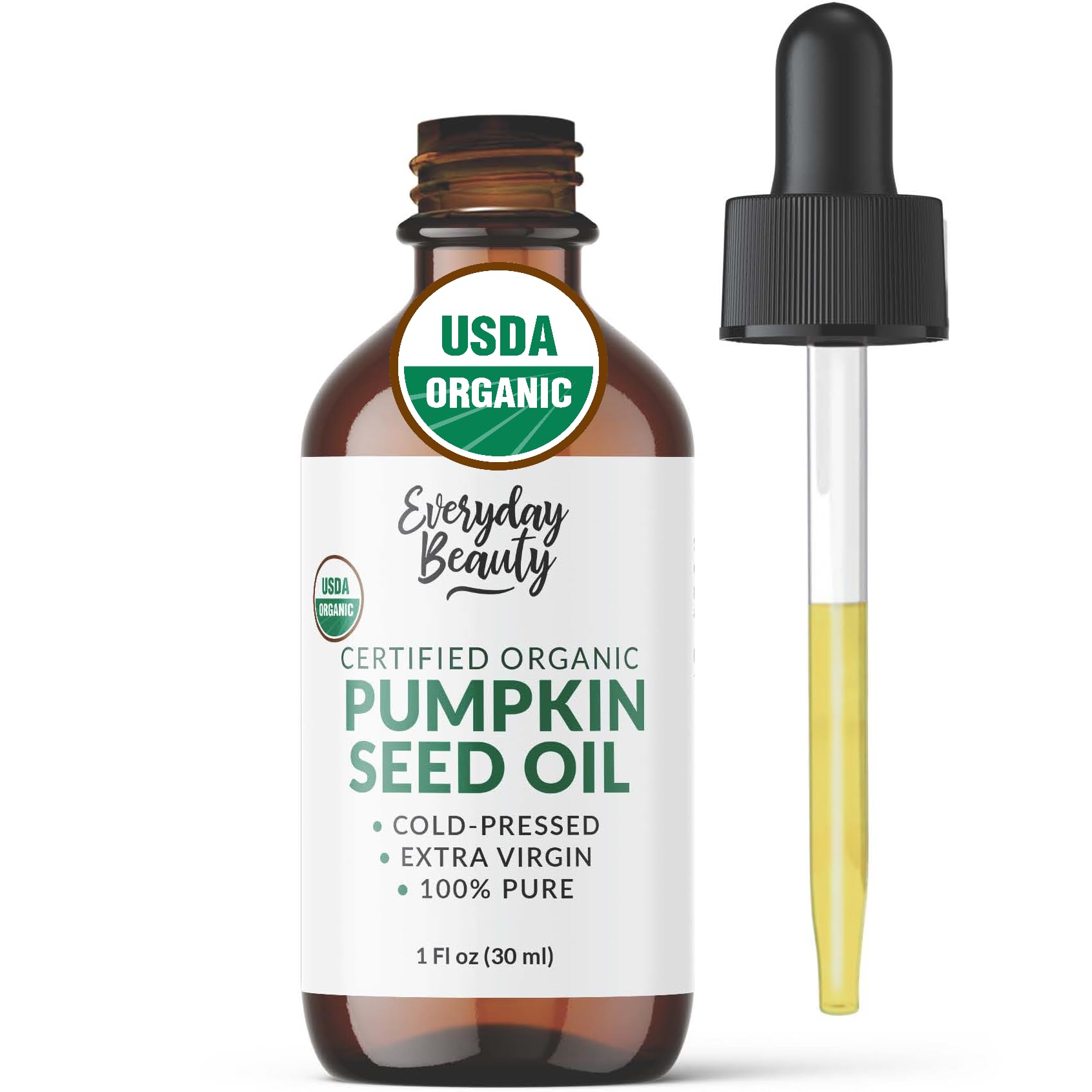 Everyday Beauty Organic Pumpkin Seed Oil bottle with dropper for skin nourishment.