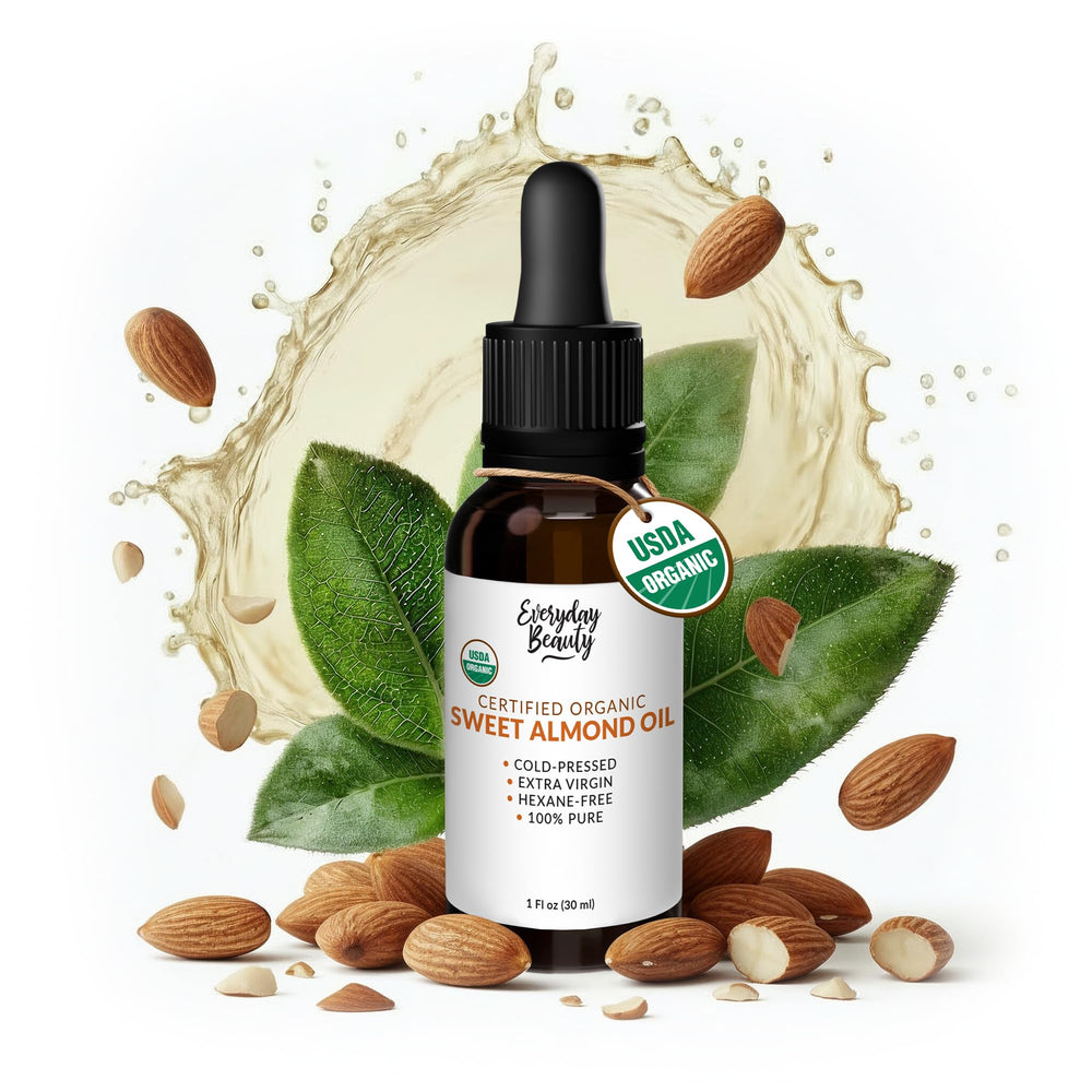 Everyday Beauty Organic Sweet Almond Oil bottle pour shows lightweight hydration for skin.