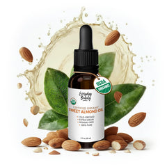 Everyday Beauty Organic Sweet Almond Oil bottle pour shows lightweight hydration for skin.