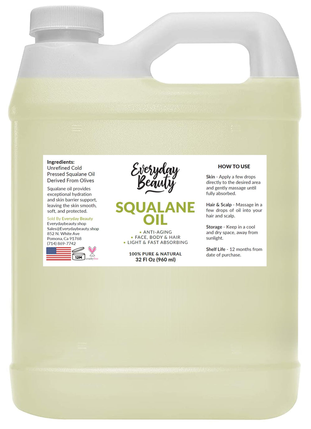 Everyday Beauty Squalane Oil bottle with pour offers lightweight hydration for all skin types.