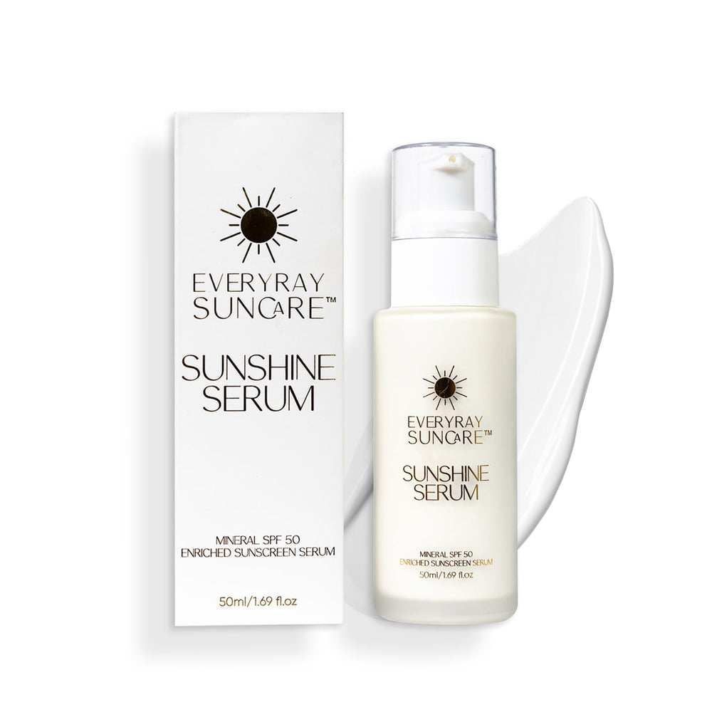 EveryRay Suncare Sunshine Serum bottle front with SPF 50 and dewy hydration.