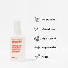 EVO Happy Campers pack shot highlights frizz control and UV care.