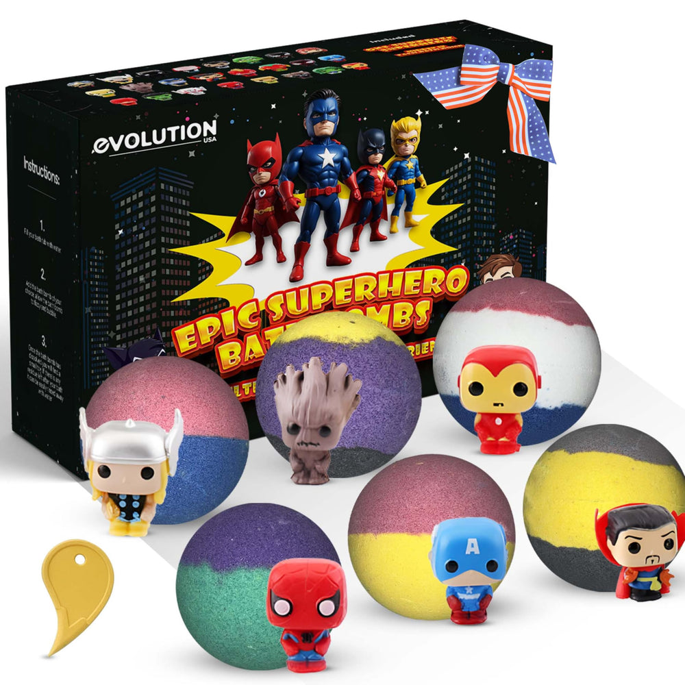 EvolutionUSA black epic bath bombs packaging highlights kid-safe ingredients.