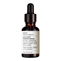 Evolve Blue Velvet Ceramide Serum bottle, hydrating and soothing for sensitive skin.