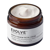 Evolve Nightly Renew cream jar close-up showing creamy overnight hydration
