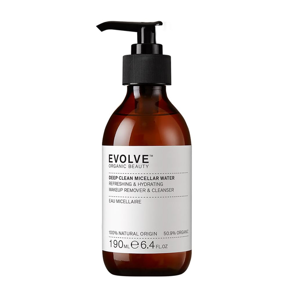 Evolve Organic Beauty Deep Clean Micellar Water bottle ready for gentle makeup removal.