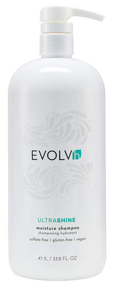 EVOLVh UltraShine Moisture Shampoo bottle on display showing color-safe hydration.