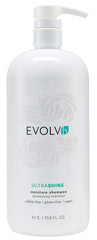 EVOLVh UltraShine Moisture Shampoo bottle on display showing color-safe hydration.
