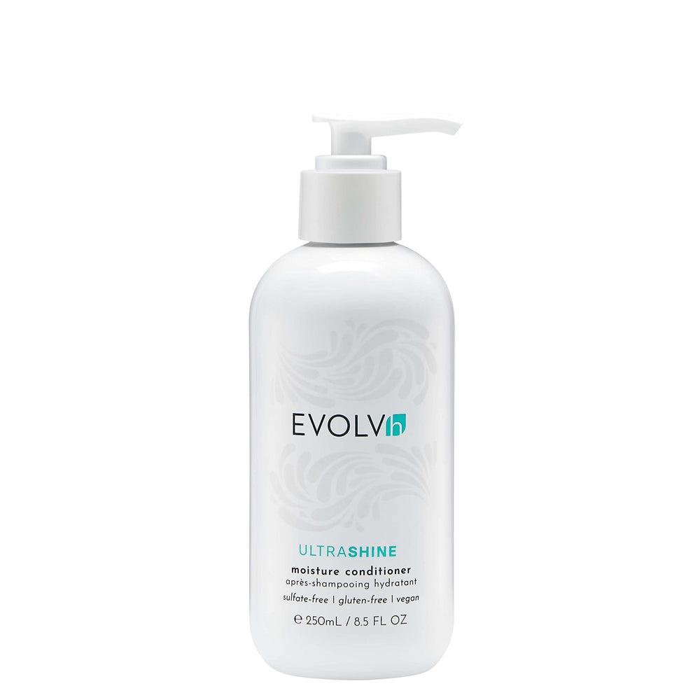 EVOLVh UltraShine Moisture Conditioner bottle shows vegan formula for radiant, easy-to-manage hair.