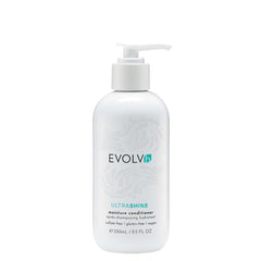 EVOLVh UltraShine Moisture Conditioner bottle shows vegan formula for radiant, easy-to-manage hair.