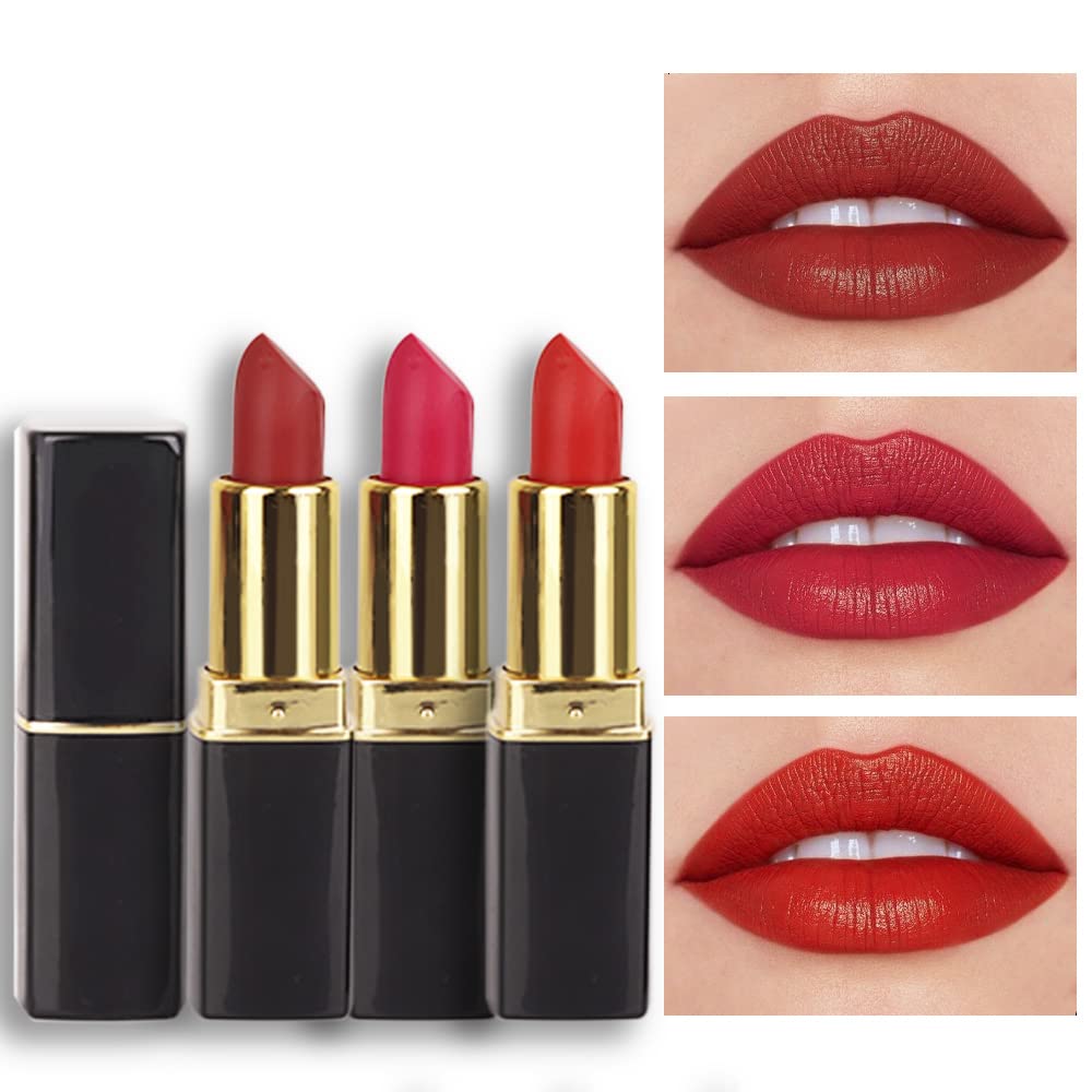 evpct 3Pcs red matte lipstick set packaging, elegant gift-ready presentation.
