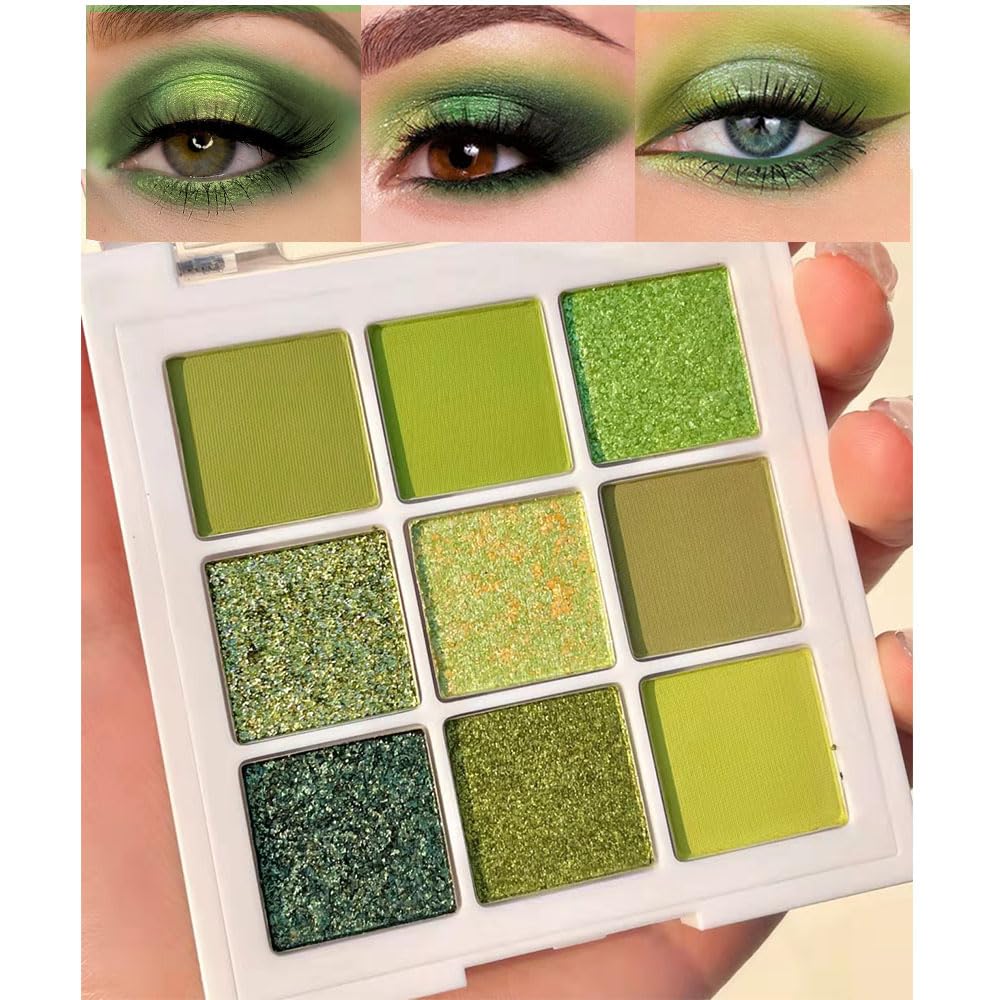 evpct 9-color green glitter eyeshadow palette offers versatile day-to-night looks