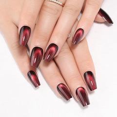 EVPCT deep burgundy cat-eye nails with coffin shape for lasting wear.