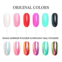 evpct mermaid aurora chrome powder swatches on gel nails for glossy shine