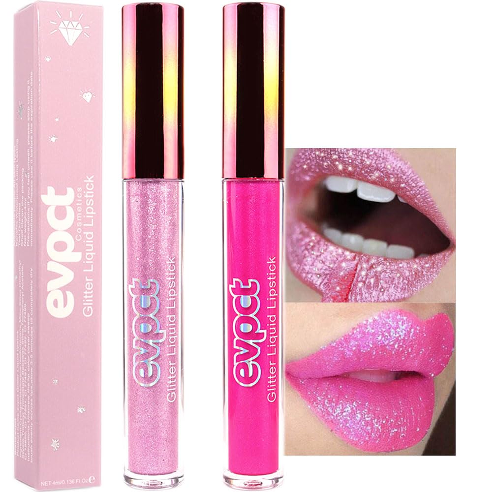 evpct Rose Glitter Liquid Lipstick shows a shimmering rose shade for evening looks.