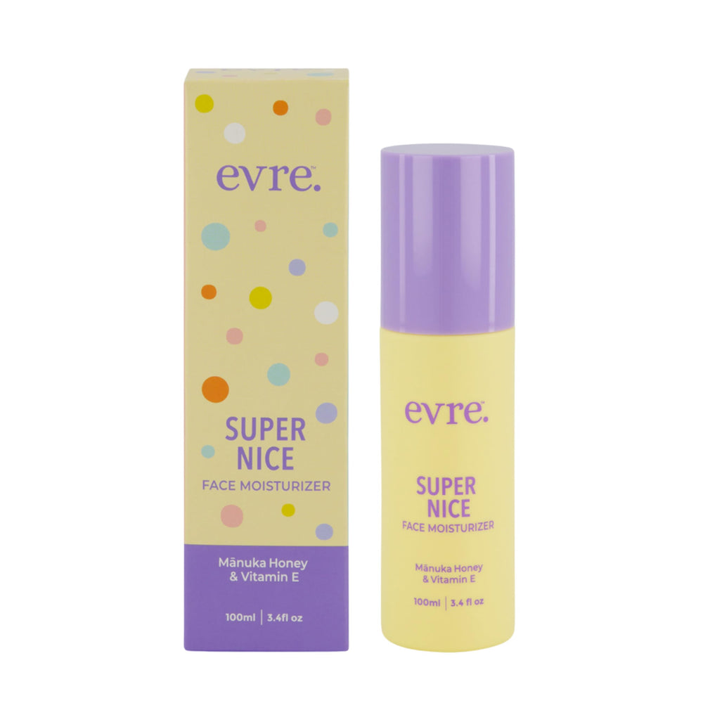 Evre Super Nice Manuka Honey Teen Moisturizer packaging label highlights cruelty-free, palm-free care