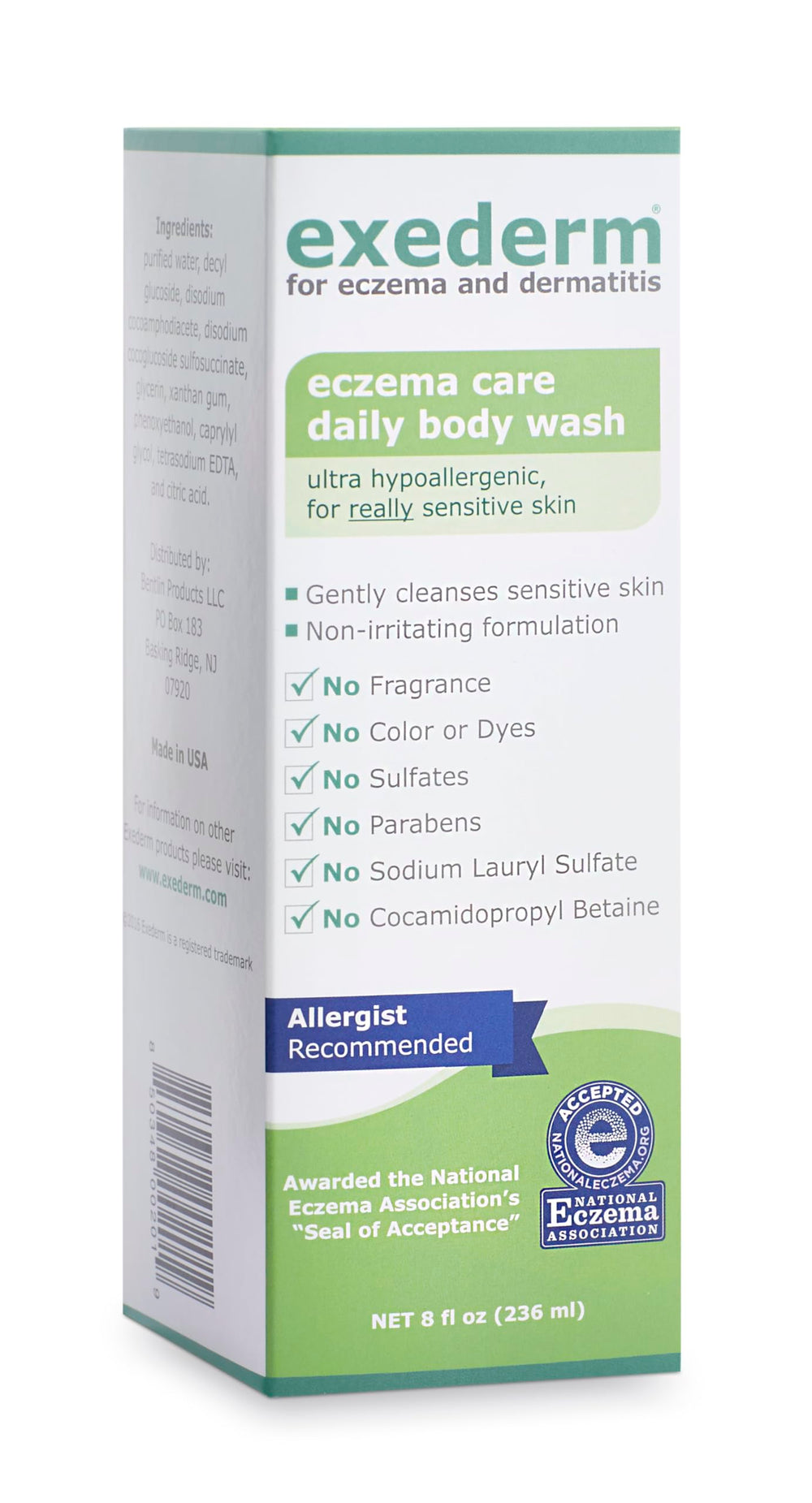 Exederm body wash bottle shown pouring, gentle cleanse for sensitive skin.