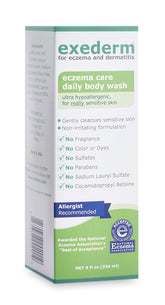 Exederm body wash bottle shown pouring, gentle cleanse for sensitive skin.