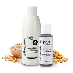 Expert Hair Sensation keratin treatment bottle shown for frizz control at home.