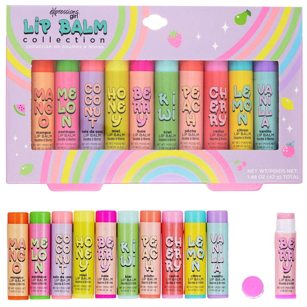 Expressions 10pc Fruity Lip Balm Collection with assorted tubes for on-the-go hydration.