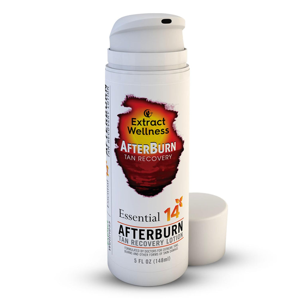 Extract Wellness AfterBurn bottle pour shows quick absorption for soothing aftersun care