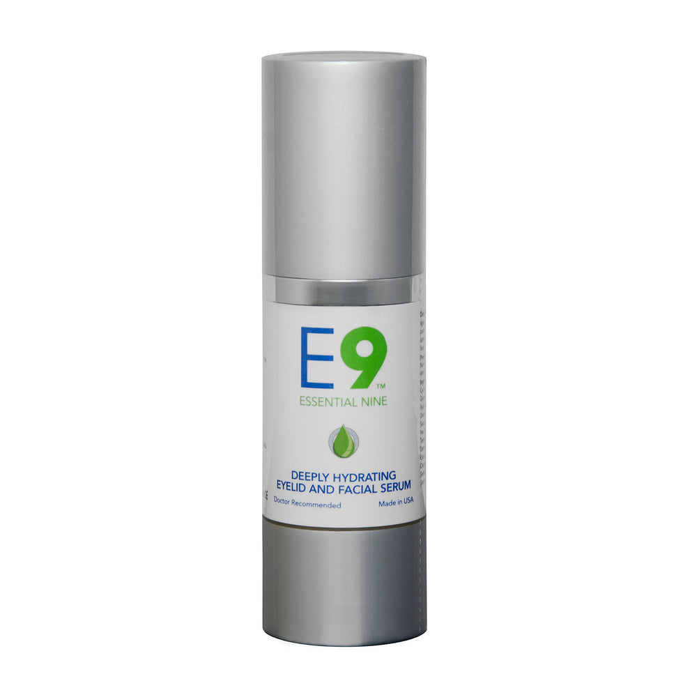 EyeEco Essential 9 serum bottle highlights hydrating, age-defying care for the eyes.