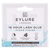 Eylure lash glue clear bottle ready for 18-hour hold for seamless lashes.
