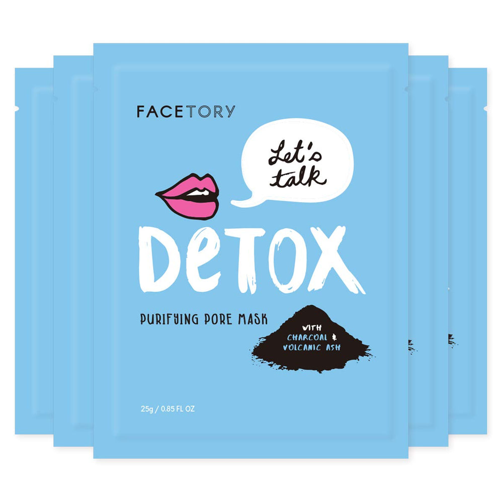 FACETORY Let’s Talk Detox charcoal sheet mask close-up showing powder texture for deep cleansing.