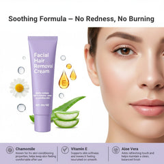 Facial Hair Removal Cream with aloe and chamomile formula for soothing botanicals.