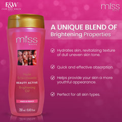FAIR & WHITE Miss White Brightening Oil packaging highlights almond oil and Lumiskin.