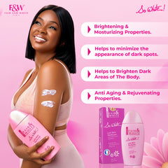 FAIR & WHITE So White lotion pump closeup emphasizing easy application.