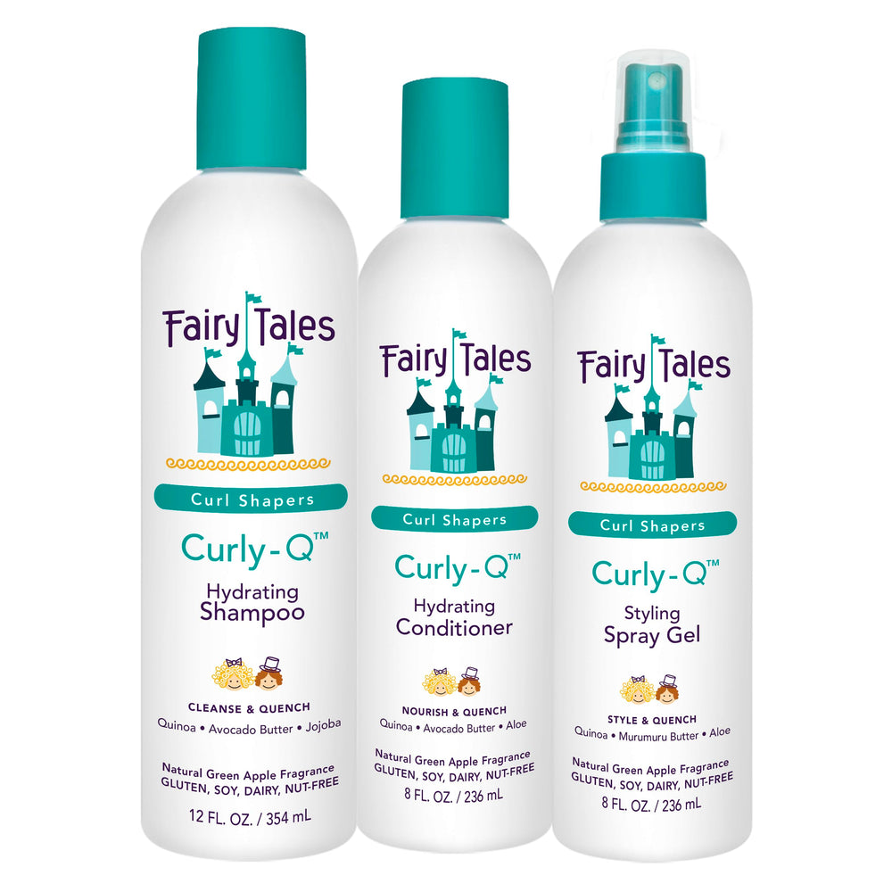 Fairy Tales Curly Q shampoo bottle pouring for gentle cleansing of kids' curls