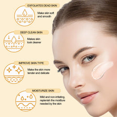 Product shown on damp skin for a smoother pore appearance with FAIRYTALESPACE scrub