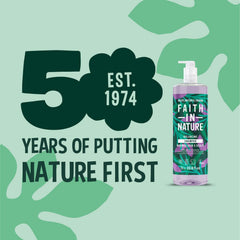 Pouring Faith in Nature shampoo from a large family-size bottle for easy use