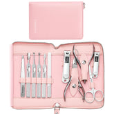 FAMILIFE 11-in-1 manicure set organized in pink leather case for on-the-go grooming