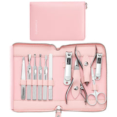 FAMILIFE 11-in-1 manicure set organized in pink leather case for on-the-go grooming