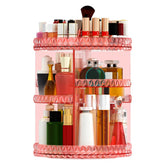 Famitree 360° rotating makeup organizer in pink keeps cosmetics neatly organized.