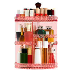 Famitree 360° rotating makeup organizer in pink keeps cosmetics neatly organized.