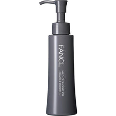 FANCL Mild Cleansing Oil Black & Smooth bottle shows the charcoal formula for gentle makeup removal