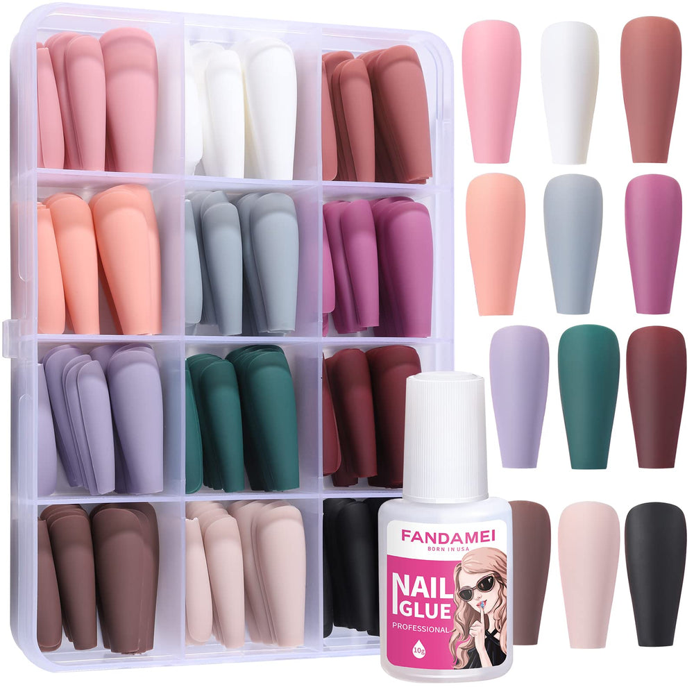 FANDAMEI matte press-on nails in coffin shape packaging for easy at-home manicures