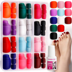 FANDAMEI matte press-on toe nails in a 12-color box for quick DIY pedicure.