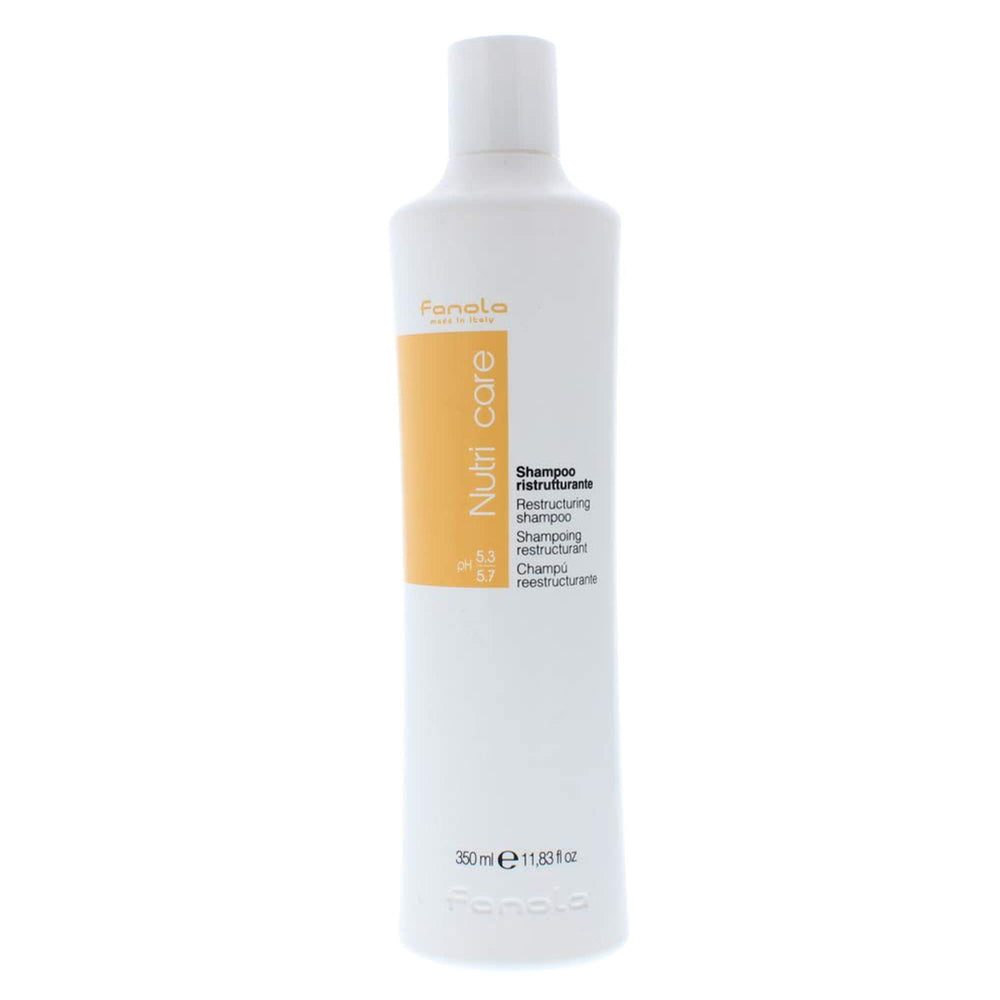 Fanola Restructuring Shampoo milk-protein-bottle promotes deep hydration and elasticity.