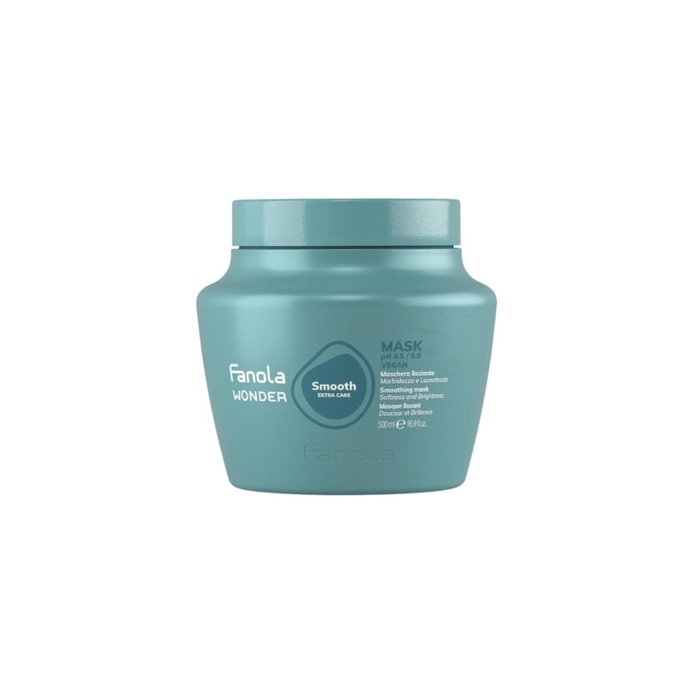 Fanola Smoothing Curly Hair Mask bottle shown for frizz control and deep conditioning