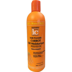 Fantasia Hair Polisher Carrot Growth Oil bottle pour boosts shine and smoothness.