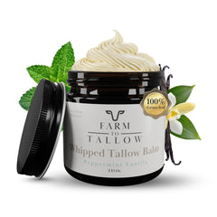Farm to Tallow moisturizer bottle front with creamy texture and peppermint-vanilla aroma