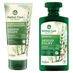 Farmona Herbal Care Horsetail Shampoo bottle pour demonstrates gentle cleansing for damaged hair.