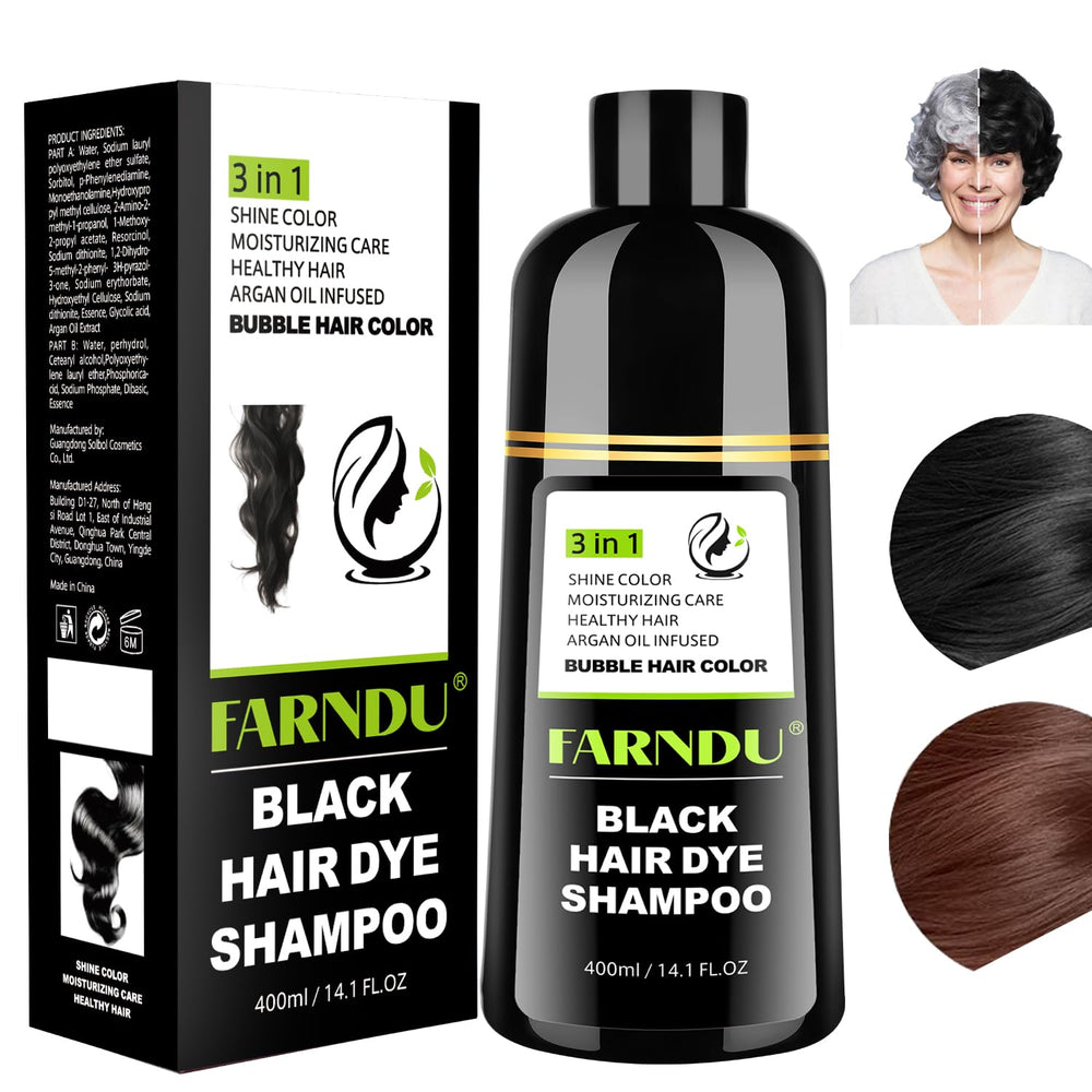 Farndu black hair dye shampoo demonstrates gray hair coverage clearly