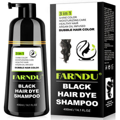 Farndu black hair dye shampoo bottle demonstrating gray coverage for natural color
