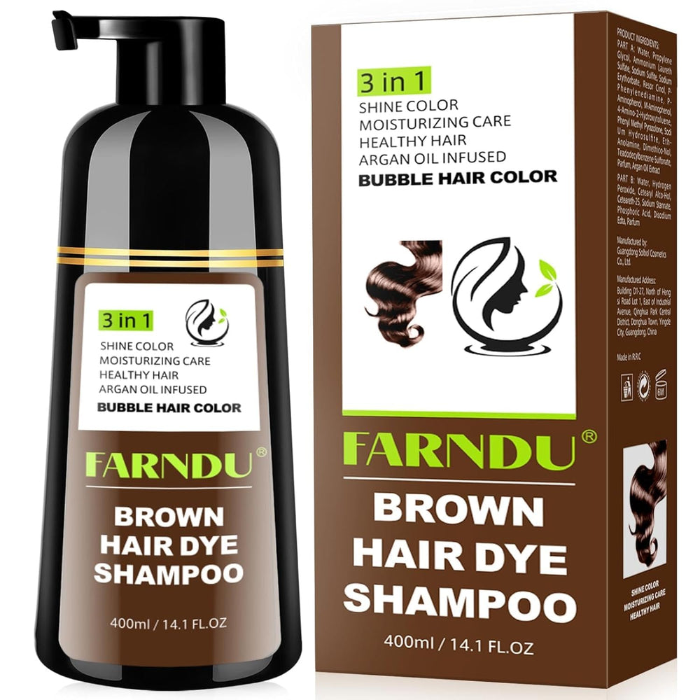 Farndu Brown Hair Dye Shampoo packaging showing at-home color, ease of use.