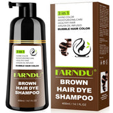 Farndu Brown Hair Dye Shampoo packaging showing at-home color, ease of use.